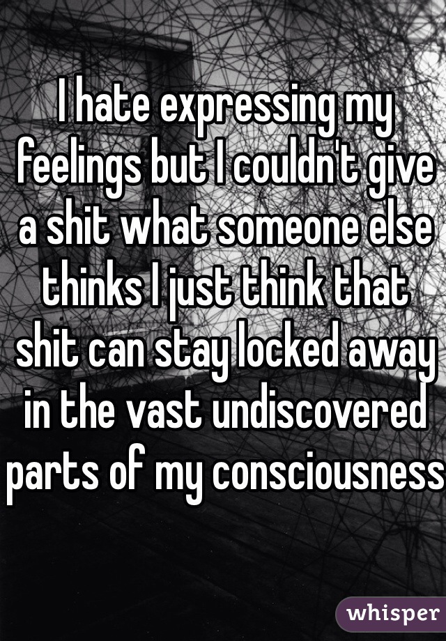 I hate expressing my feelings but I couldn't give a shit what someone else thinks I just think that shit can stay locked away in the vast undiscovered parts of my consciousness
