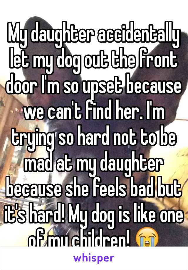 My daughter accidentally let my dog out the front door I'm so upset because we can't find her. I'm trying so hard not to be mad at my daughter because she feels bad but it's hard! My dog is like one of my children! 😭