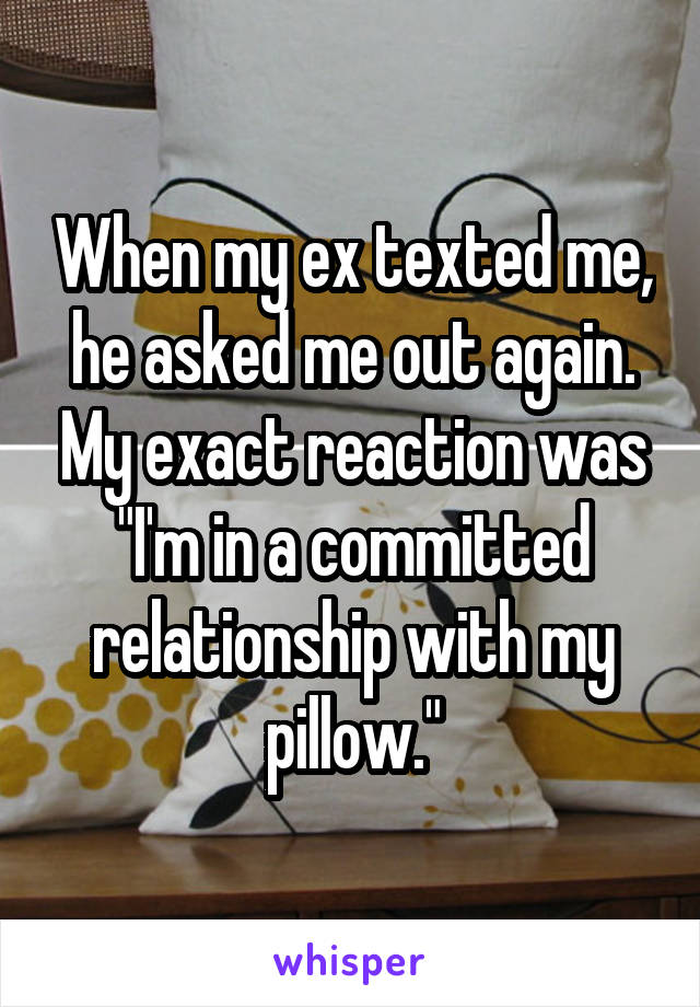 When my ex texted me, he asked me out again. My exact reaction was "I'm in a committed relationship with my pillow."