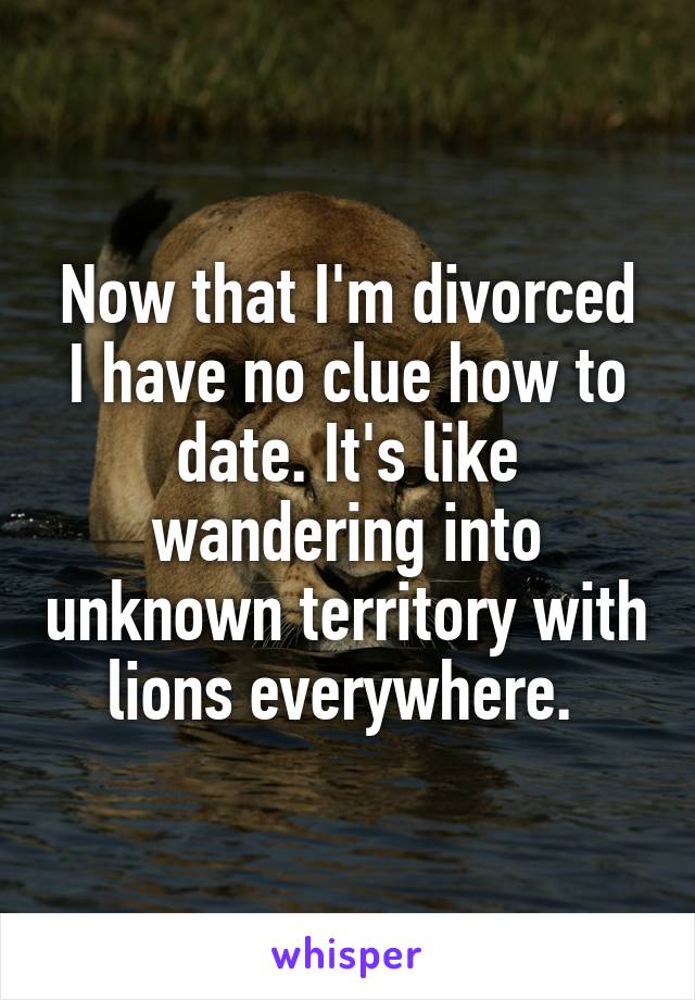 Now that I'm divorced I have no clue how to date. It's like wandering into unknown territory with lions everywhere. 