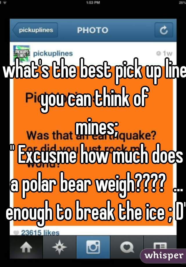what's the best pick up line you can think of 
 mines;
 " Excusme how much does a polar bear weigh????  ... enough to break the ice ; D"  