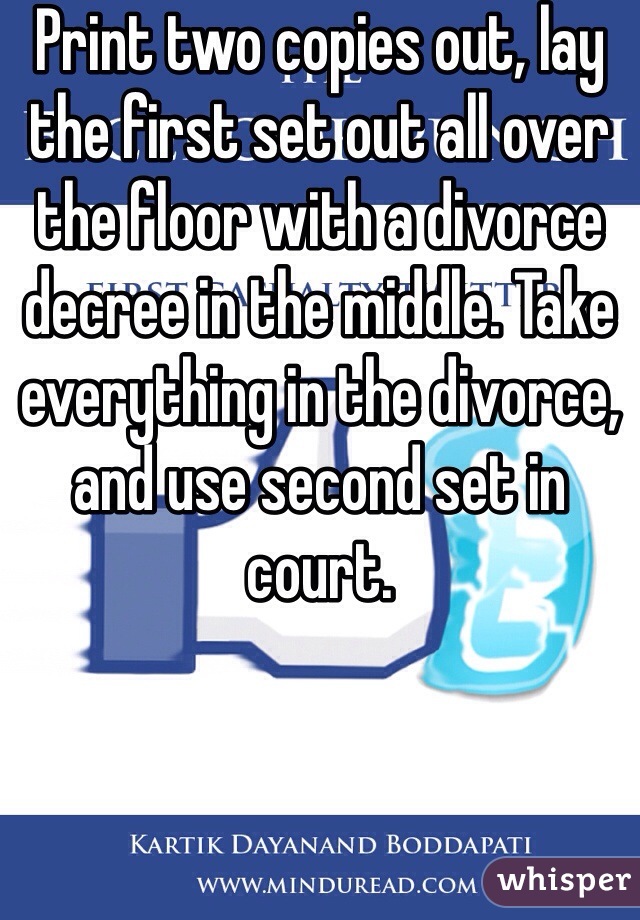 Print two copies out, lay the first set out all over the floor with a divorce decree in the middle. Take everything in the divorce, and use second set in court. 