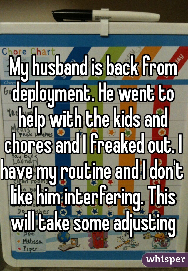 My husband is back from deployment. He went to help with the kids and chores and I freaked out. I have my routine and I don't like him interfering. This will take some adjusting 