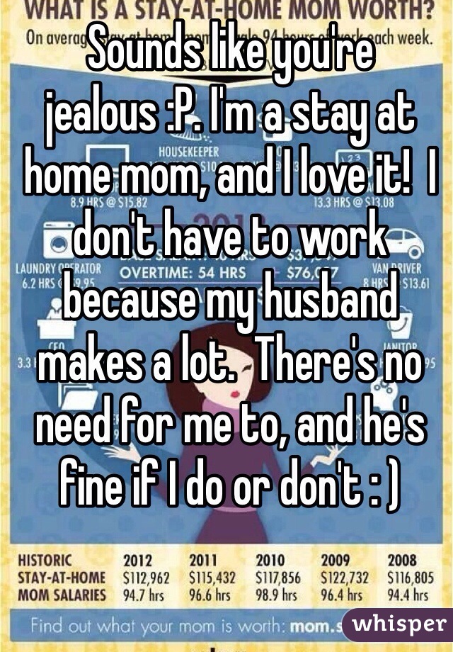 Sounds like you're jealous :P. I'm a stay at home mom, and I love it!  I don't have to work because my husband makes a lot.  There's no need for me to, and he's fine if I do or don't : )