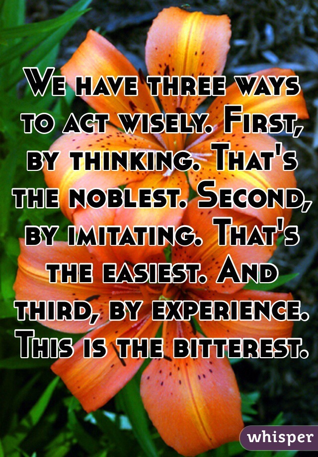 We have three ways to act wisely. First, by thinking. That's the noblest. Second, by imitating. That's the easiest. And third, by experience. This is the bitterest. 