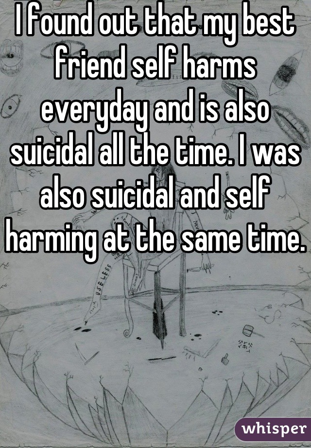 I found out that my best friend self harms everyday and is also suicidal all the time. I was also suicidal and self harming at the same time.