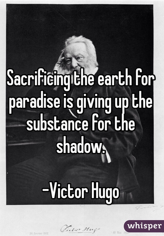Sacrificing the earth for paradise is giving up the substance for the shadow.

-Victor Hugo