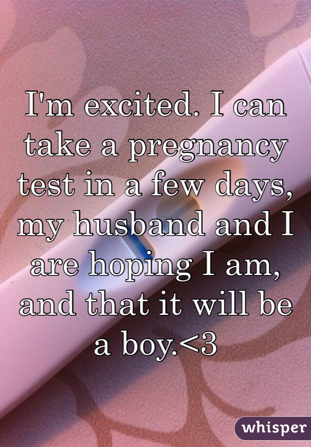 I'm excited. I can take a pregnancy test in a few days, my husband and I are hoping I am, and that it will be a boy.<3 