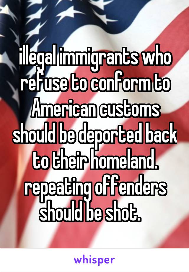 illegal immigrants who refuse to conform to American customs should be deported back to their homeland. repeating offenders should be shot.   