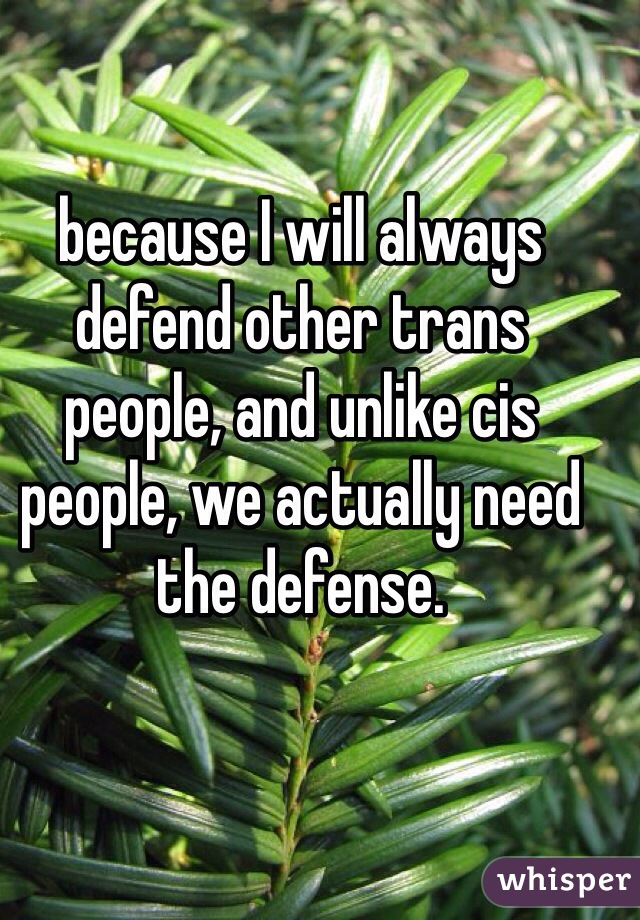 because I will always defend other trans people, and unlike cis people, we actually need the defense.