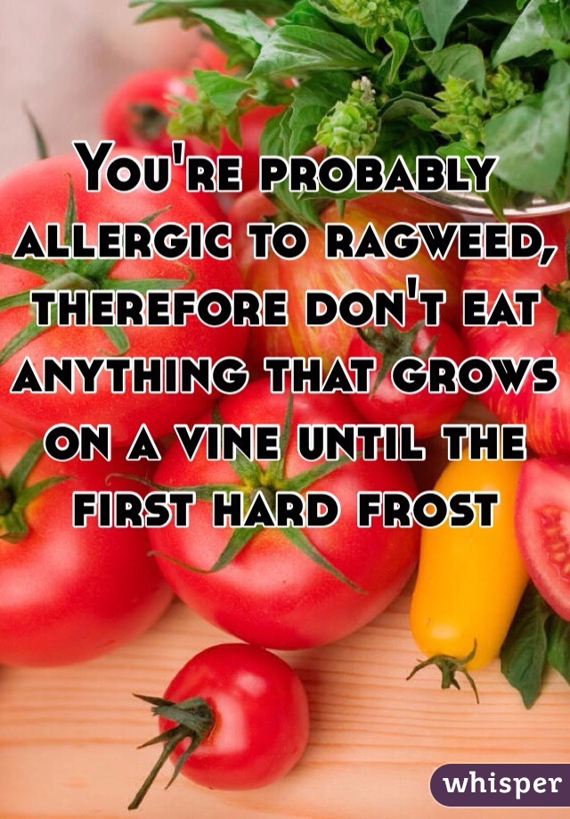 You're probably allergic to ragweed, therefore don't eat anything that grows on a vine until the first hard frost