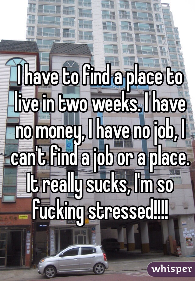 I have to find a place to live in two weeks. I have no money, I have no job, I can't find a job or a place. It really sucks, I'm so fucking stressed!!!!