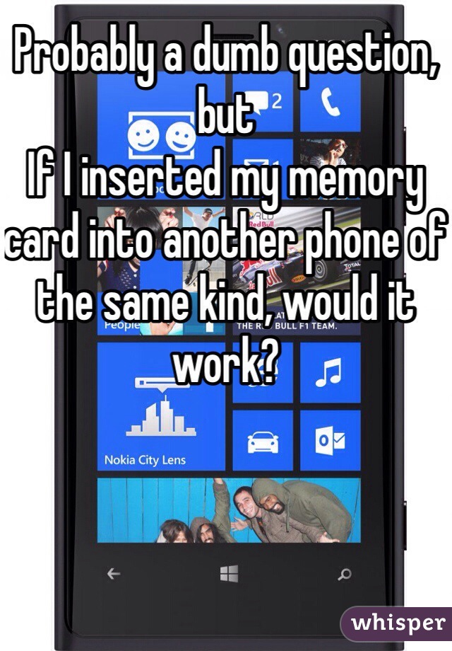 Probably a dumb question, but 
If I inserted my memory card into another phone of the same kind, would it work? 