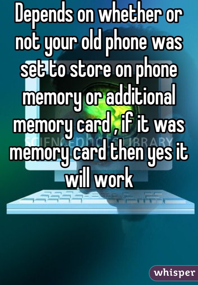 Depends on whether or not your old phone was set to store on phone memory or additional memory card , if it was memory card then yes it will work