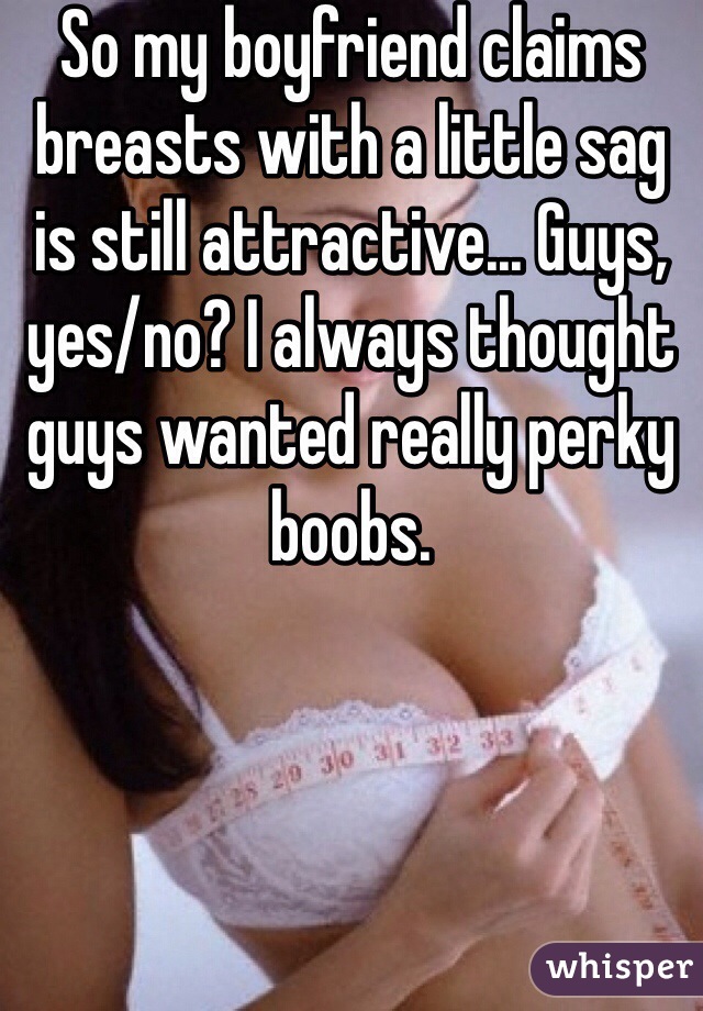 So my boyfriend claims breasts with a little sag is still attractive... Guys, yes/no? I always thought guys wanted really perky boobs.