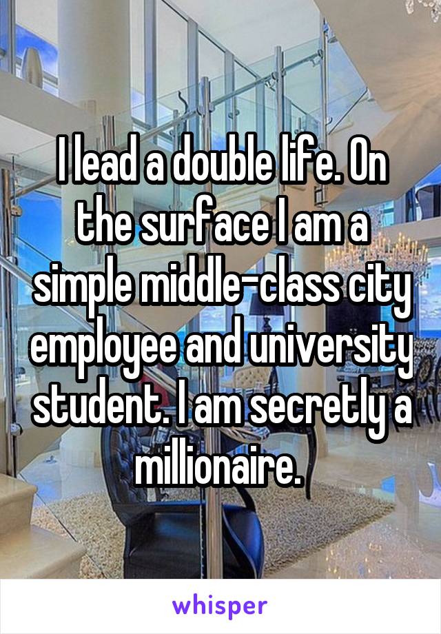 I lead a double life. On the surface I am a simple middle-class city employee and university student. I am secretly a millionaire. 