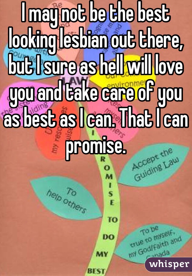 I may not be the best looking lesbian out there, but I sure as hell will love you and take care of you as best as I can. That I can promise. 