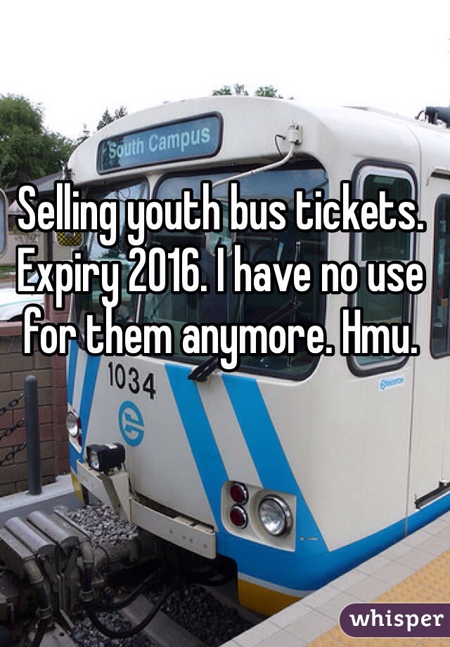 Selling youth bus tickets. Expiry 2016. I have no use for them anymore. Hmu.