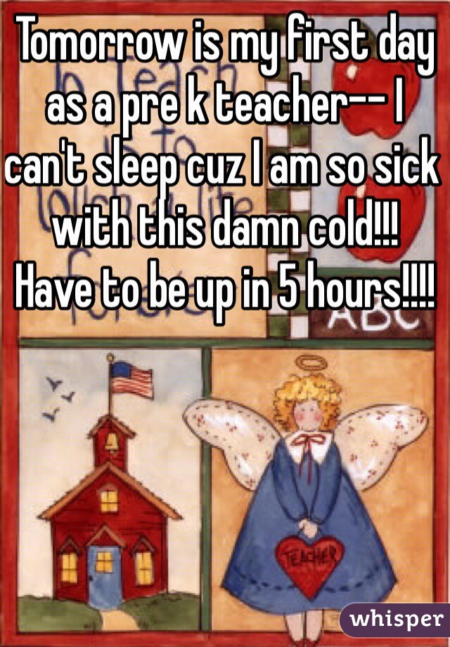 Tomorrow is my first day as a pre k teacher-- I can't sleep cuz I am so sick with this damn cold!!!
Have to be up in 5 hours!!!! 