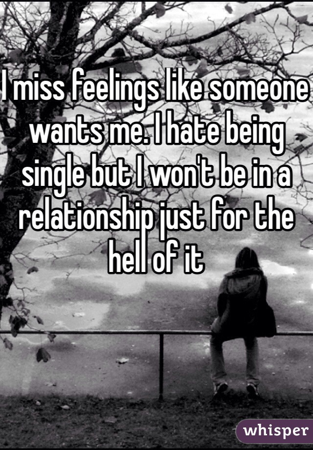 I miss feelings like someone wants me. I hate being single but I won't be in a relationship just for the hell of it
