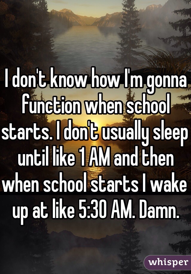 I don't know how I'm gonna function when school starts. I don't usually sleep until like 1 AM and then when school starts I wake up at like 5:30 AM. Damn.