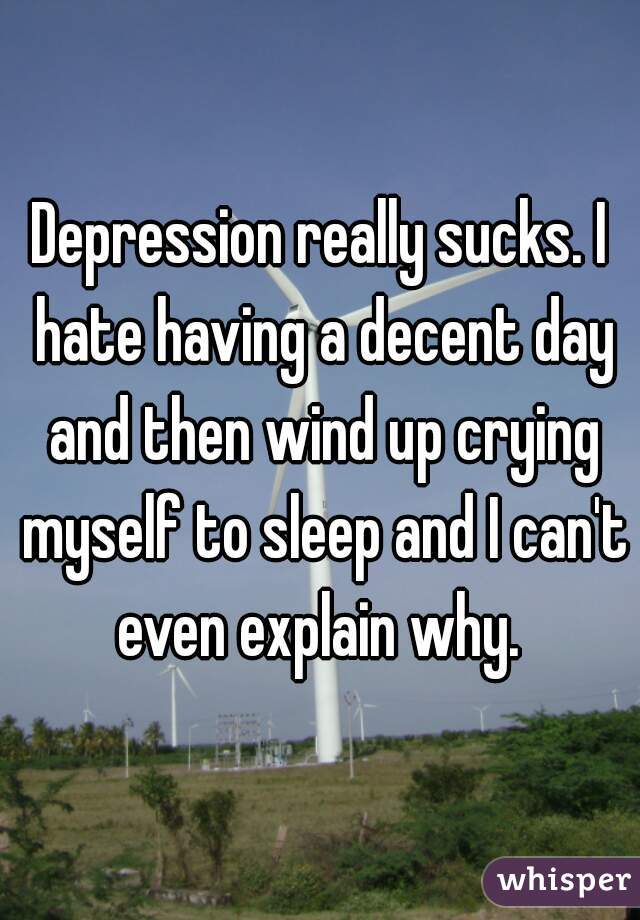 Depression really sucks. I hate having a decent day and then wind up crying myself to sleep and I can't even explain why. 