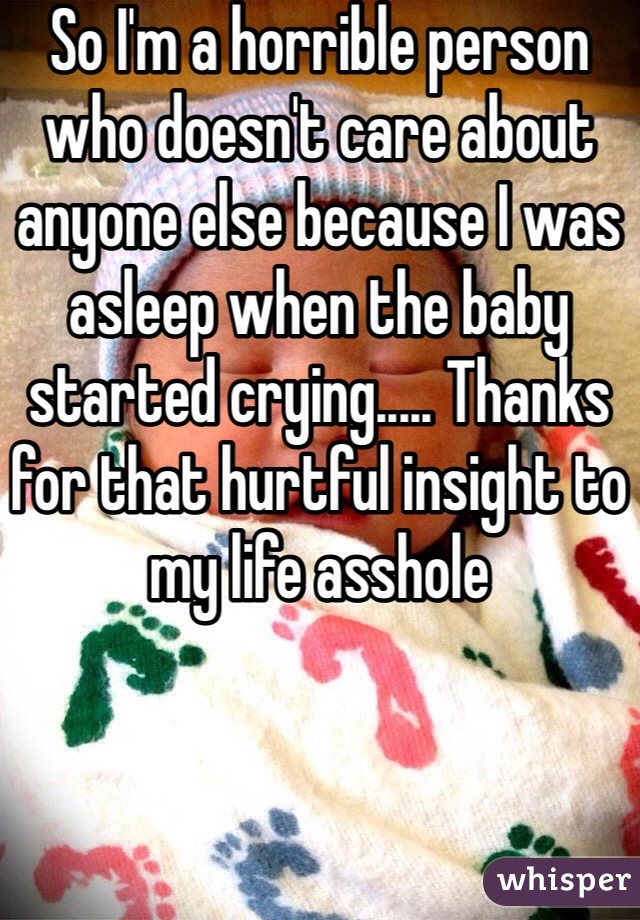 So I'm a horrible person who doesn't care about anyone else because I was asleep when the baby started crying..... Thanks for that hurtful insight to my life asshole 