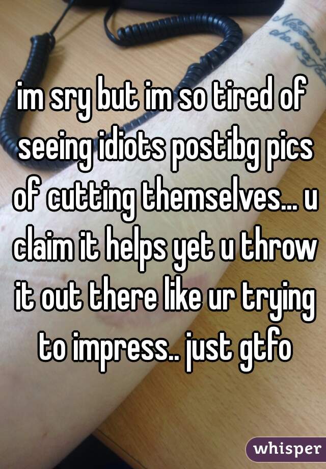 im sry but im so tired of seeing idiots postibg pics of cutting themselves... u claim it helps yet u throw it out there like ur trying to impress.. just gtfo