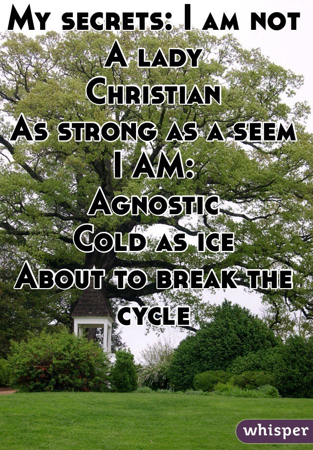 My secrets: I am not
A lady
Christian
As strong as a seem
I AM:
Agnostic
Cold as ice
About to break the cycle 