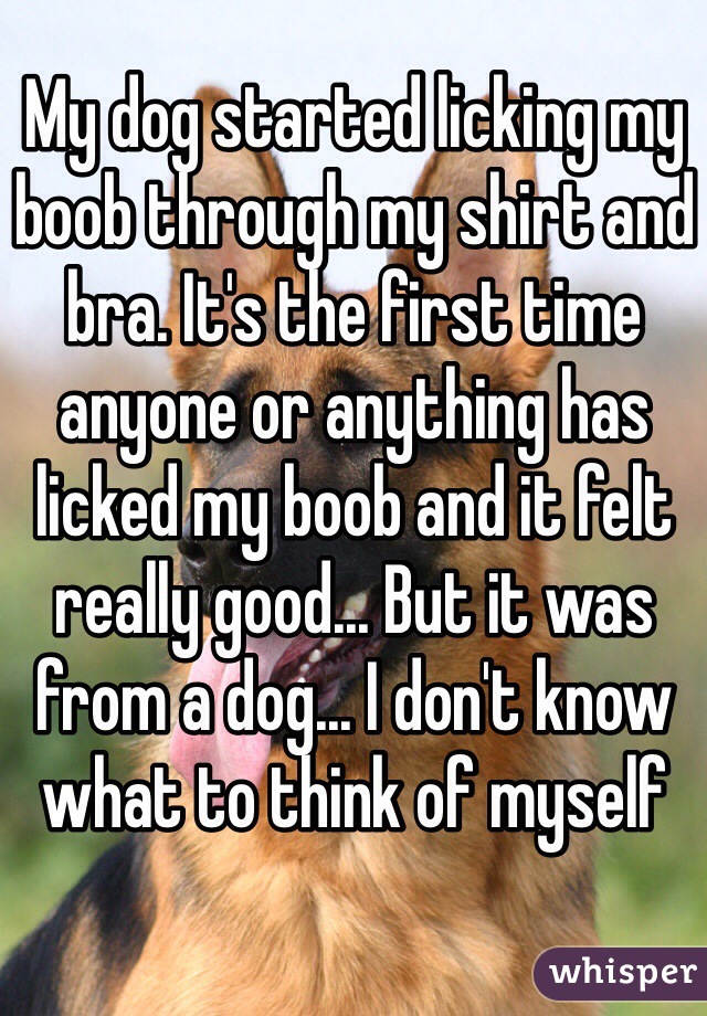 My dog started licking my boob through my shirt and bra. It's the first time anyone or anything has licked my boob and it felt really good... But it was from a dog... I don't know what to think of myself