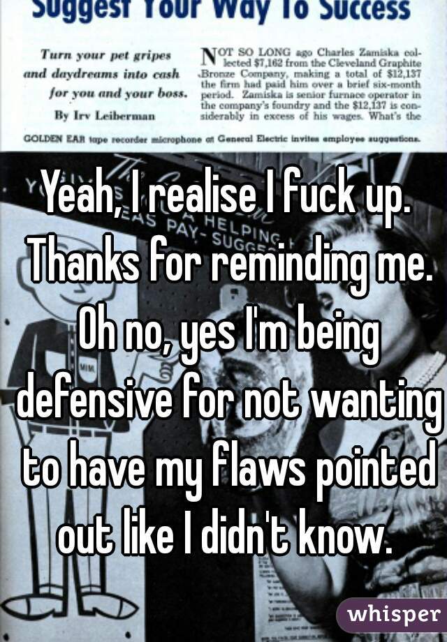 Yeah, I realise I fuck up. Thanks for reminding me. Oh no, yes I'm being defensive for not wanting to have my flaws pointed out like I didn't know. 