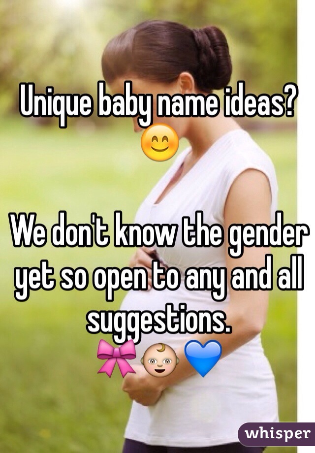 Unique baby name ideas? 😊 

We don't know the gender yet so open to any and all suggestions.
🎀👶💙