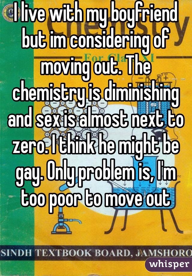 I live with my boyfriend but im considering of moving out. The chemistry is diminishing and sex is almost next to zero. I think he might be gay. Only problem is, I'm too poor to move out 