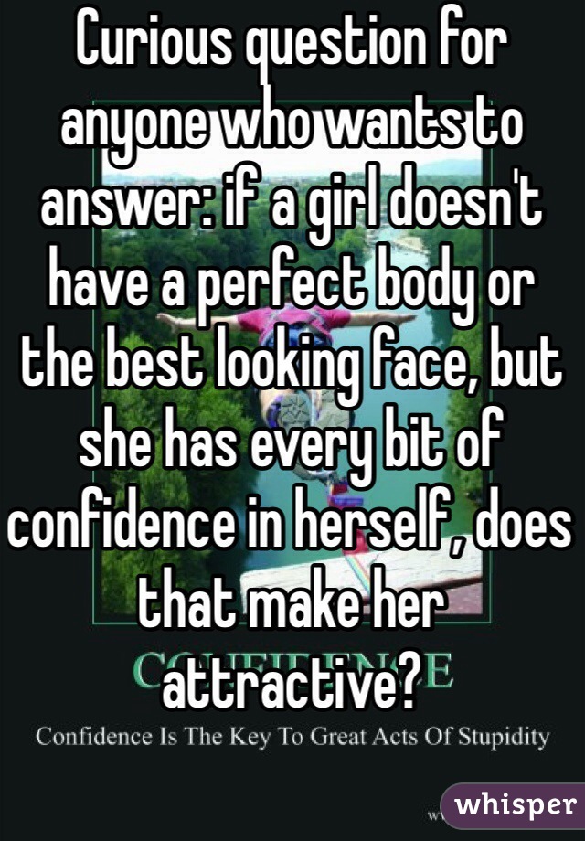 Curious question for anyone who wants to answer: if a girl doesn't have a perfect body or the best looking face, but she has every bit of confidence in herself, does that make her attractive?