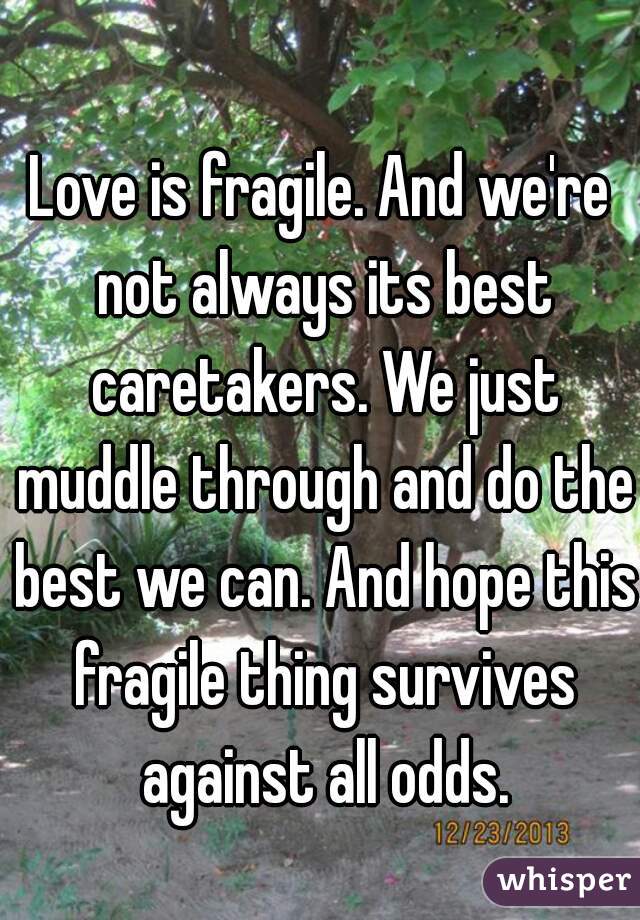 Love is fragile. And we're not always its best caretakers. We just muddle through and do the best we can. And hope this fragile thing survives against all odds.