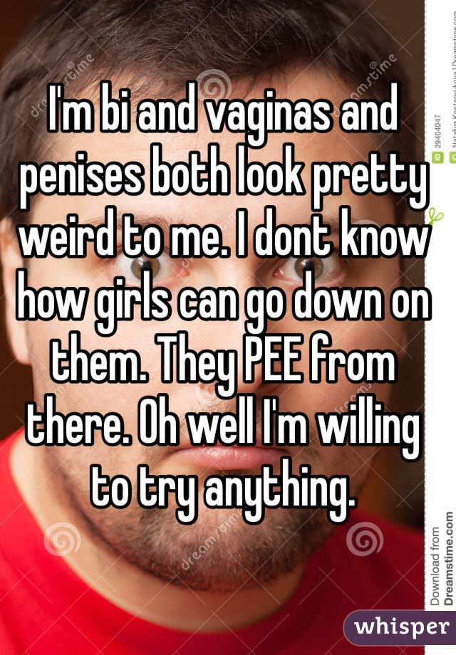 I'm bi and vaginas and penises both look pretty weird to me. I dont know how girls can go down on them. They PEE from there. Oh well I'm willing to try anything. 