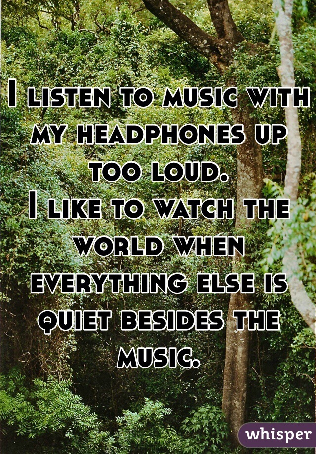 I listen to music with my headphones up too loud.
I like to watch the world when everything else is quiet besides the music.