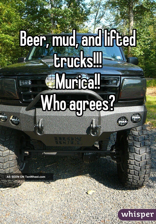 Beer, mud, and lifted trucks!!!
Murica!!
Who agrees?