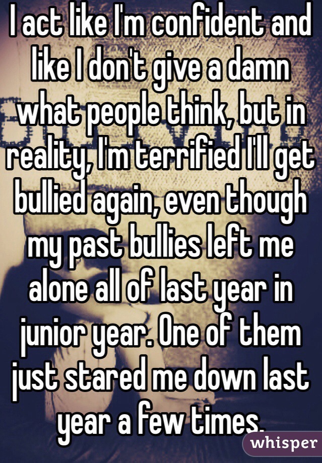 I act like I'm confident and like I don't give a damn what people think, but in reality, I'm terrified I'll get bullied again, even though my past bullies left me alone all of last year in junior year. One of them just stared me down last year a few times.