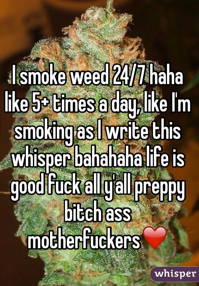 I smoke weed 24/7 haha like 5+ times a day, like I'm smoking as I write this whisper bahahaha life is good fuck all y'all preppy bitch ass motherfuckers❤️