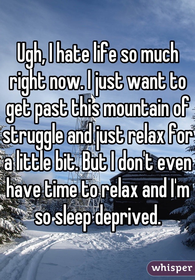 Ugh, I hate life so much right now. I just want to get past this mountain of struggle and just relax for a little bit. But I don't even have time to relax and I'm so sleep deprived.