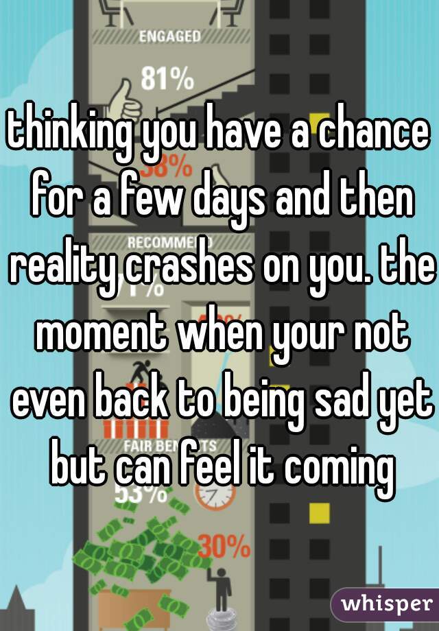 thinking you have a chance for a few days and then reality crashes on you. the moment when your not even back to being sad yet but can feel it coming