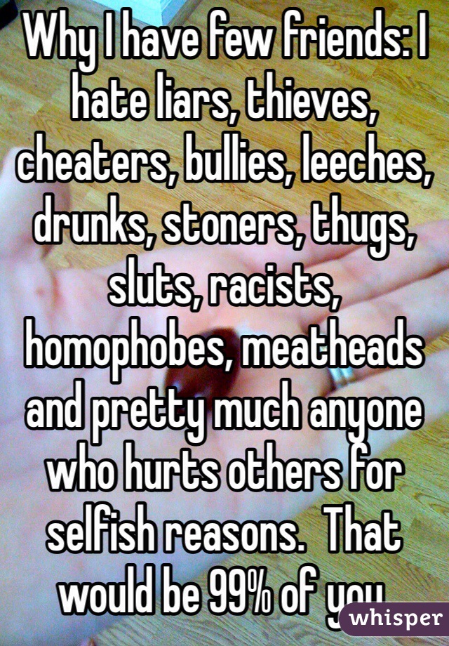 Why I have few friends: I hate liars, thieves, cheaters, bullies, leeches, drunks, stoners, thugs, sluts, racists, homophobes, meatheads and pretty much anyone who hurts others for selfish reasons.  That would be 99% of you.  