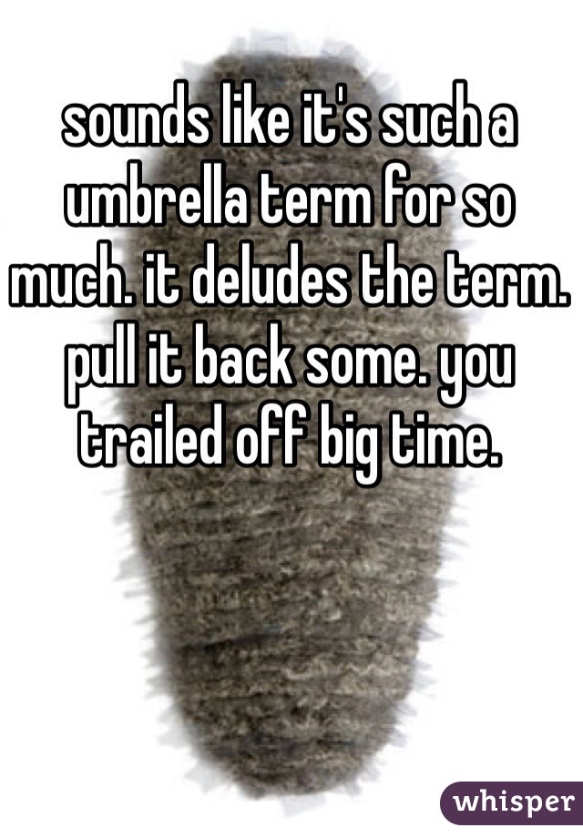 sounds like it's such a umbrella term for so much. it deludes the term. pull it back some. you trailed off big time. 