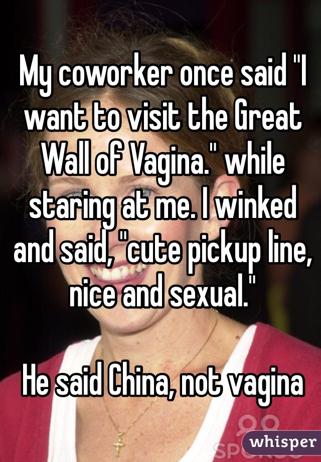 My coworker once said "I want to visit the Great Wall of Vagina." while staring at me. I winked and said, "cute pickup line, nice and sexual."

He said China, not vagina