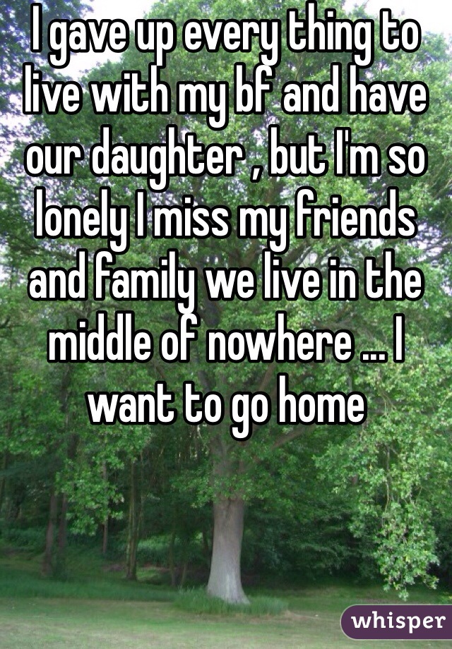 I gave up every thing to live with my bf and have our daughter , but I'm so lonely I miss my friends and family we live in the middle of nowhere ... I want to go home 