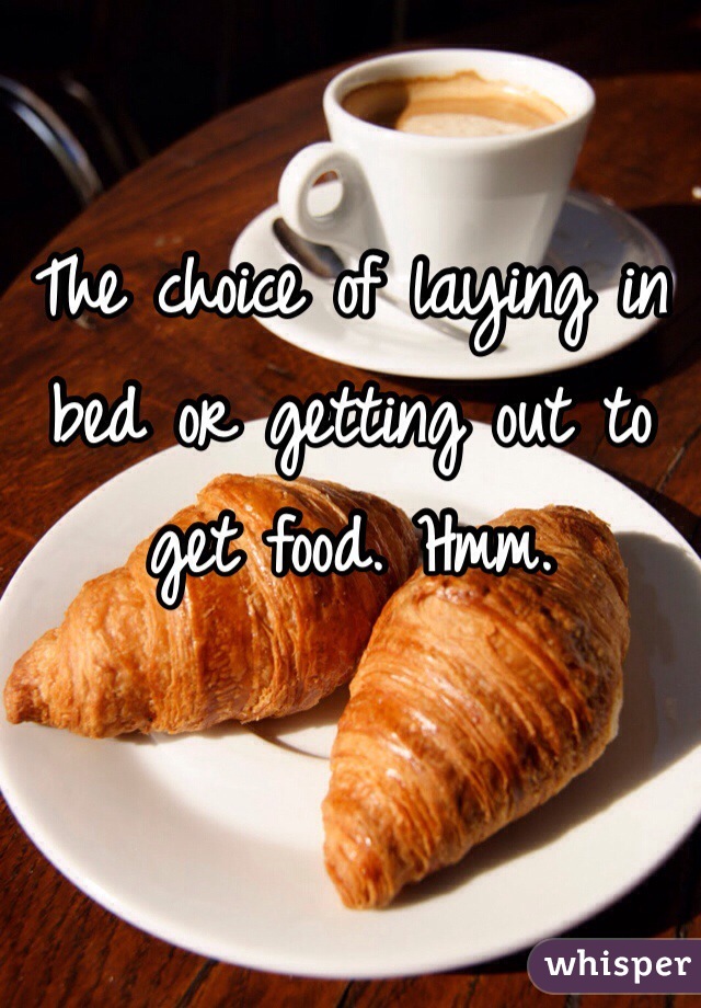 The choice of laying in bed or getting out to get food. Hmm.