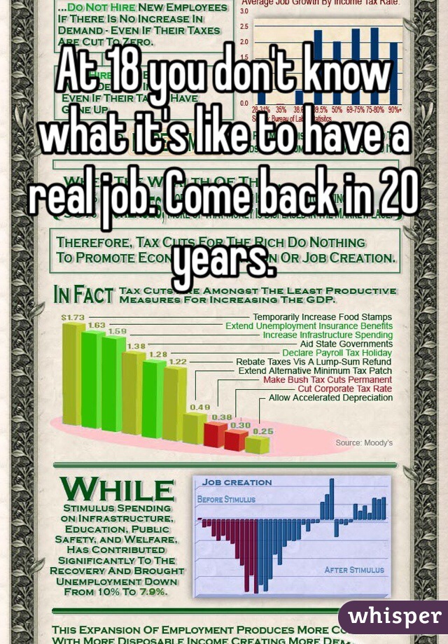 At 18 you don't know what it's like to have a real job. Come back in 20 years.