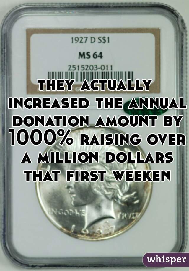 they actually increased the annual donation amount by 1000% raising over a million dollars that first weekend