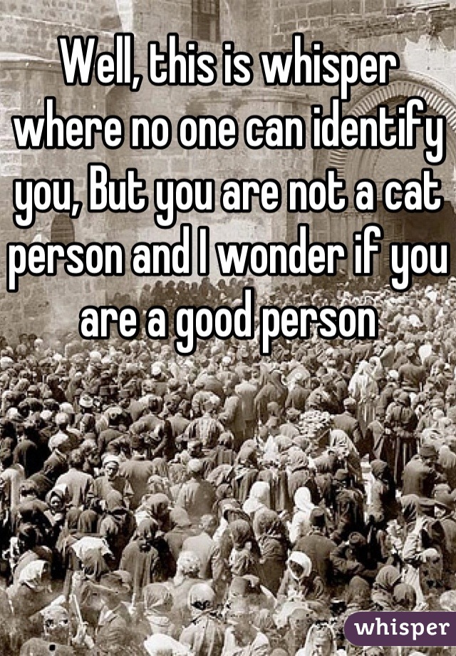 Well, this is whisper where no one can identify you, But you are not a cat person and I wonder if you are a good person